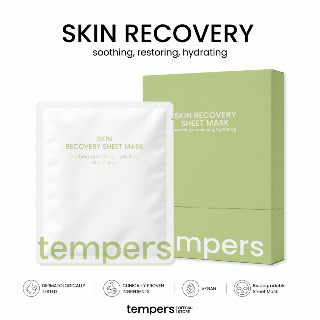 Tempers Skin Recovery Sheet Mask แผ่นมาส์กสูตรฟื้นฟูเกราะป้องกันผิว ช่วยปลอบประโลมและเติมความชุ่มชื้น (25ml x 5)