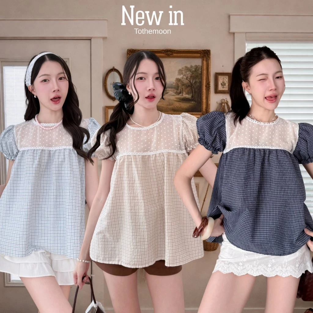 Freya top : เสื้อแขนตุ๊กตา คอระบาย ตัวยาว ลูกไม้คาดอกซีทรู เนื้อผ้าคอตตอน KN.Clothes
