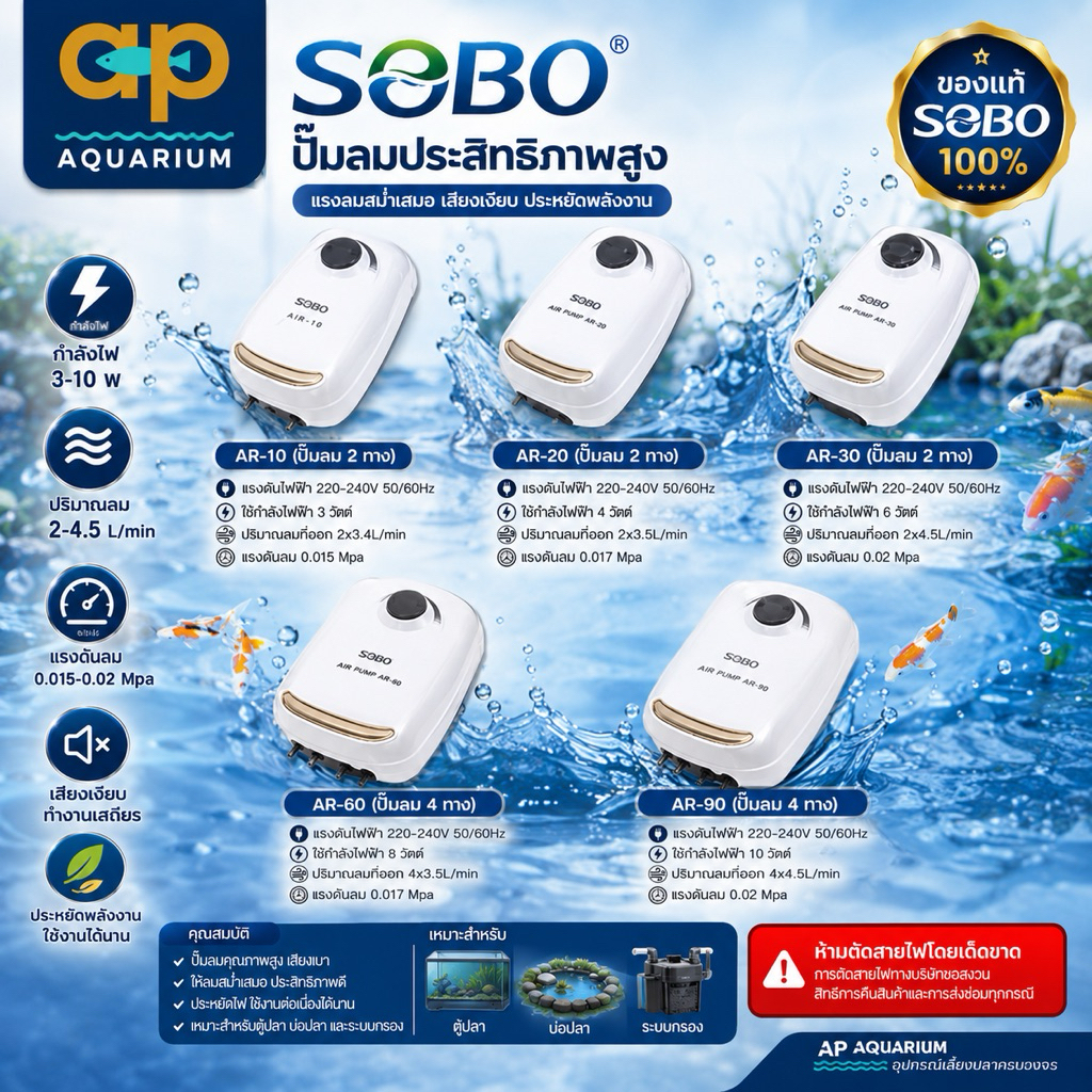 ปั๊มลมออกซิเจน เสียงเงียบ SOBO AR Series ,AR-10 ,AR-20 ,AR-30 ,AR-60 ,AR-90