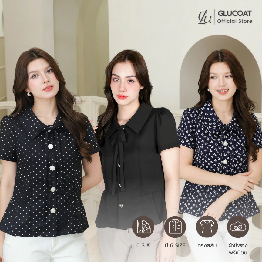 Glucoat | [A813/U720/T835] เสื้อคอปกแขนสั้นพร้อมเชือกผูกโบว์ถอดออกได้ ชายจับจีบ กระดุมหน้าใช้งานได้จริง