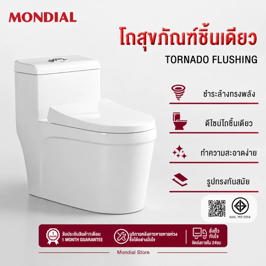 Mondial สุขภัณฑ์ชิ้นเดียว โถชักโครกเซรามิก ระบบไซโครนดูดน้ำแรง ประหยัดน้ำกันกลิ่น ทำความสะอาดง่าย มีสายฉีดชำระสำหรับบ้าน