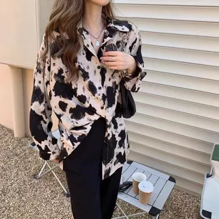 เสื้อเชิ้ตผู้หญิงแขนยาว ผ้าไหมอิตาลี ลายเสือ ลายวัว ลายม้าลาย ทรงโอเวอร์ไซซ์ ใส่ทำงาน ใส่เที่ยว แฟชั่นเกาหลี