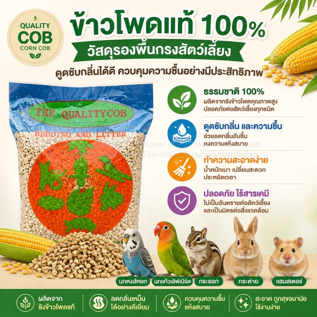 ซังข้าวโพด สำหรับรองพื้นกรงสัตว์เลี้ยง ดูดซับกลิ่นได้ดี และดูดซับความชื้นได้ดี วัสดุธรรมชาติ 100%  (ขนาด 1KG)