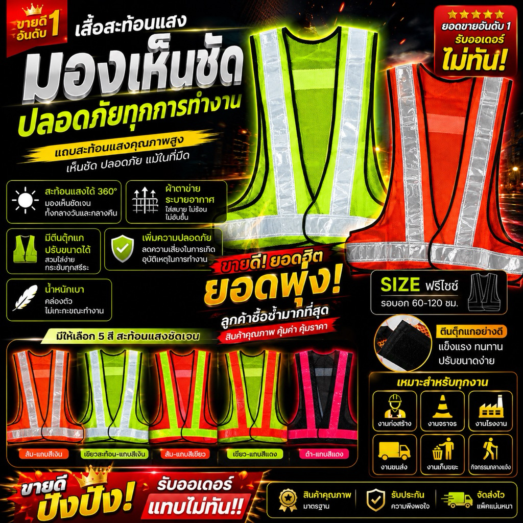 💥 เสื้อสะท้อนแสง 2นิ้ว High Visibility ผ้าตาข่าย ระบายอากาศ ตีนตุ๊กแกปรับขนาดได้ มองเห็นชัดทั้งกลางวันและกลางคืน