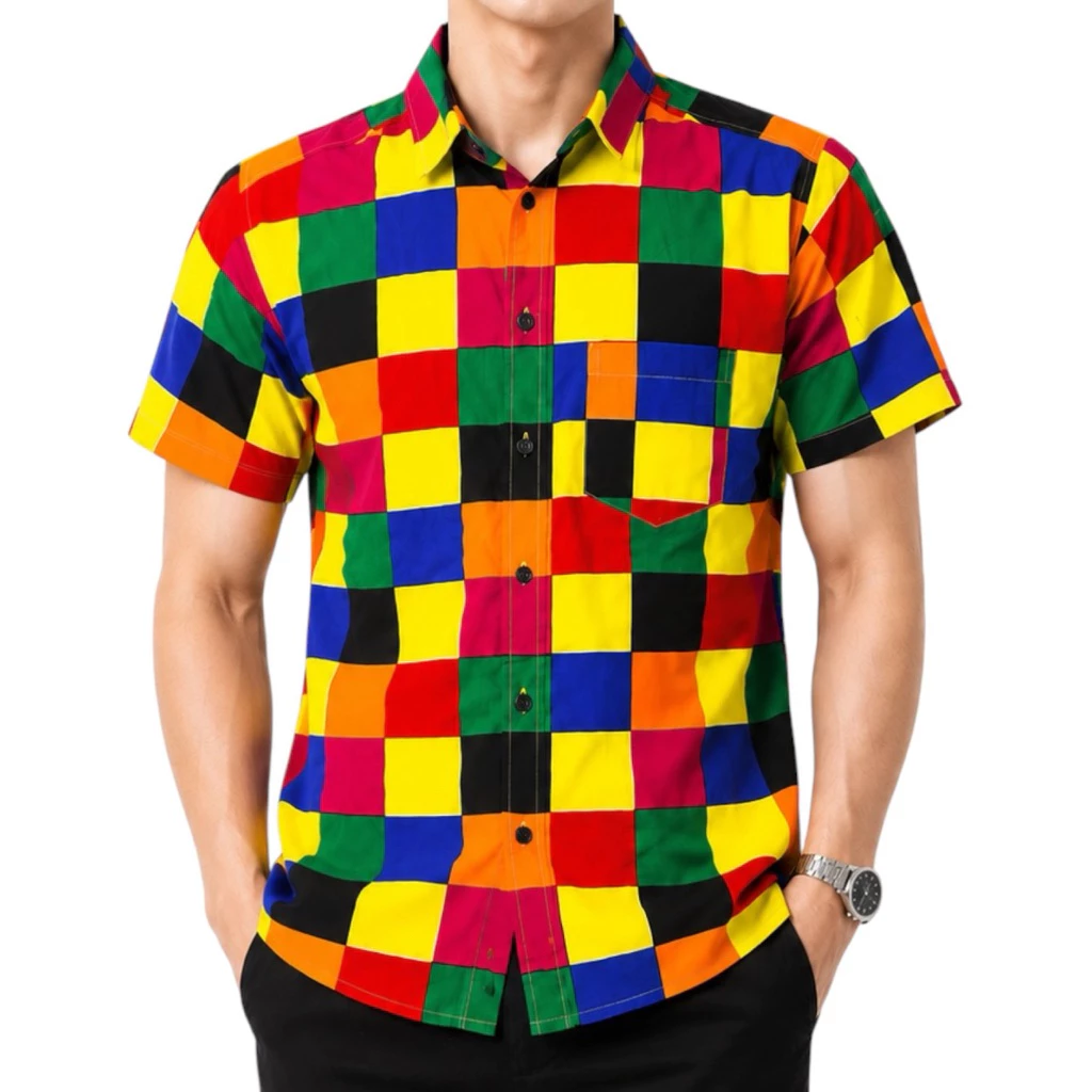 เสื้อเชิ๊ตเเขนสั้นคอปกสลับสีเเนววินเทจลายสก๊อต M-2XL