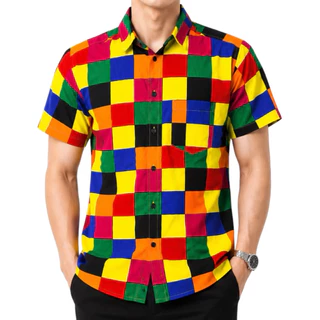เสื้อเชิ๊ตเเขนสั้นคอปกสลับสีเเนววินเทจลายสก๊อต M-2XL