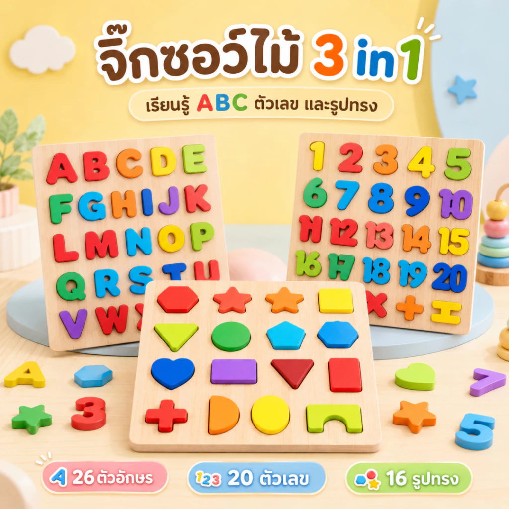 ของเล่นไม้, บล็อกตัวต่อไม้, ปริศนาไม้, ฯลฯ, ช่วยการพัฒนาทางปัญญาของเด็ก