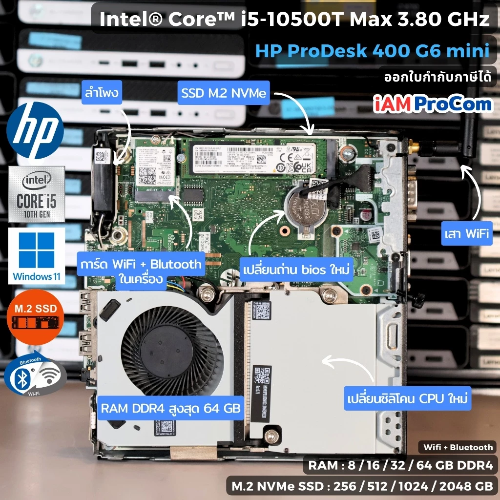 คอมพิวเตอร์มินิ HP ProDesk 400G6 mini - Core i5-10500T MAX 3.8GHz [Gen10] / SSD M.2 NVMe / Windows 11 Pro / WiFi / BT thumbnail 6