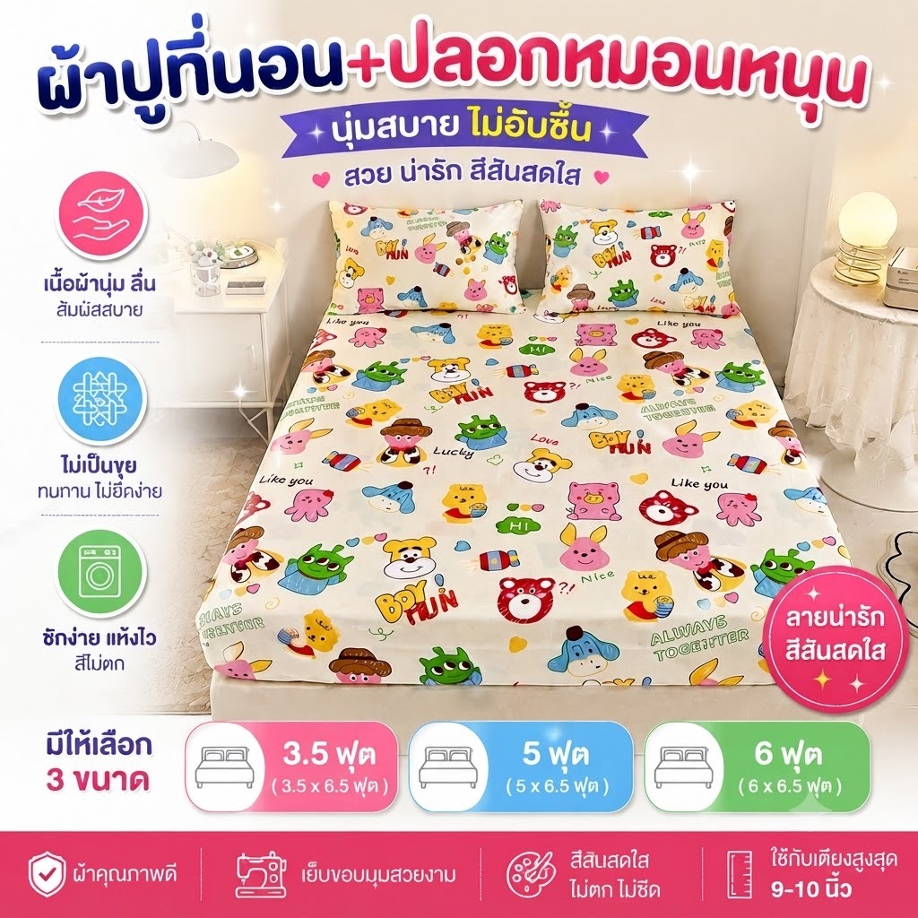 ผ้าปูและปลอกหมอน เซ็ต3ชิ้น โทนน่ารัก ขนาด 3.5ฟุต,5ฟุต,6ฟุต ผ้าโพลเอสเตอร์ ลายดอกไม้ สีสันสดใส ผ้าดี นอนสบาย ส่งฟรี