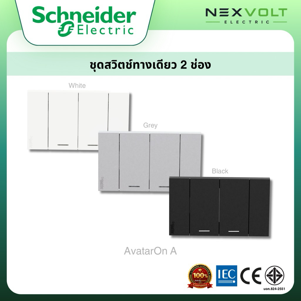 Schneider สวิตช์ไฟทางเดียว 2 ช่อง พร้อมหน้ากาก ประกอบสำเร็จรูป รุ่น AvatarOn A | A7032F_WE A7032F_GY