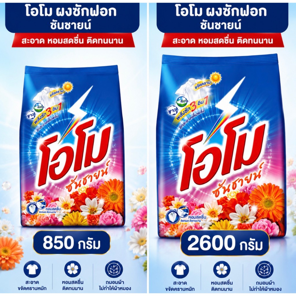 โอโม ซันชายน์ ผงซักฟอก พลังสะอาด 3 อิน 1 ซักมือ ซักเครื่อง หอมติดทนนาน ของแท้ พร้อมส่ง