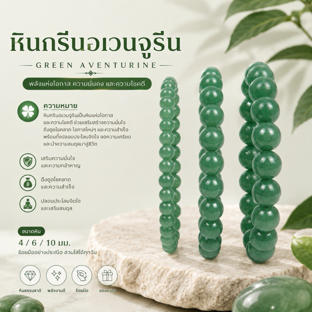 กำไลหินกรีนอเวนจูรีน (Green Aventurine) – หินแห่งโอกาส ความมั่นคง และความโชคดี