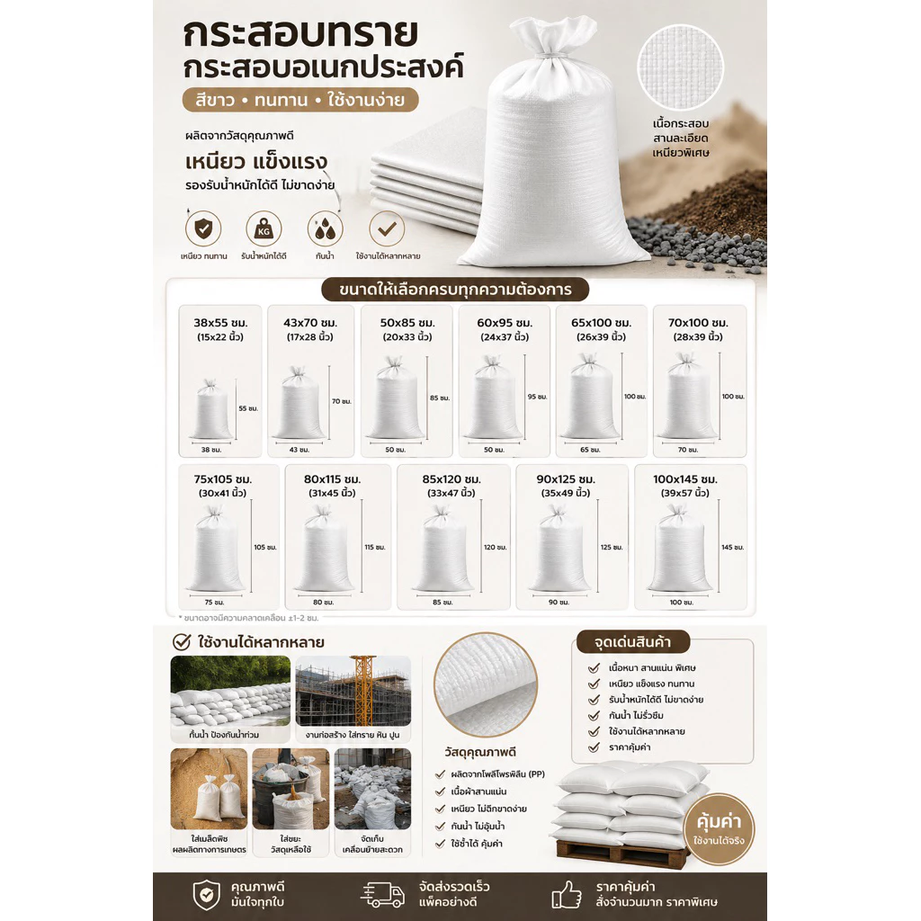 กระสอบขาว กระสอบพลาสติก กระสอบไปรษณีย์ ขายปลีก 1 ชิ้น
