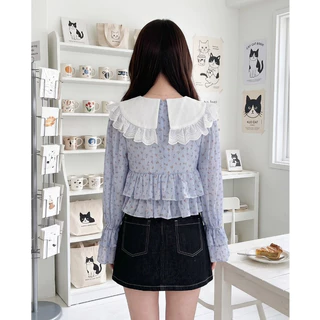 (มี3XL) Sydney Cutie Set เซ็ต 2 ชิ้น เสื้อผ้าคอตตอนแขนยาวกระบายเอว + เข็มกลัด + กระโปรงยีนส์เข้มปักแมวซับในกางเกง