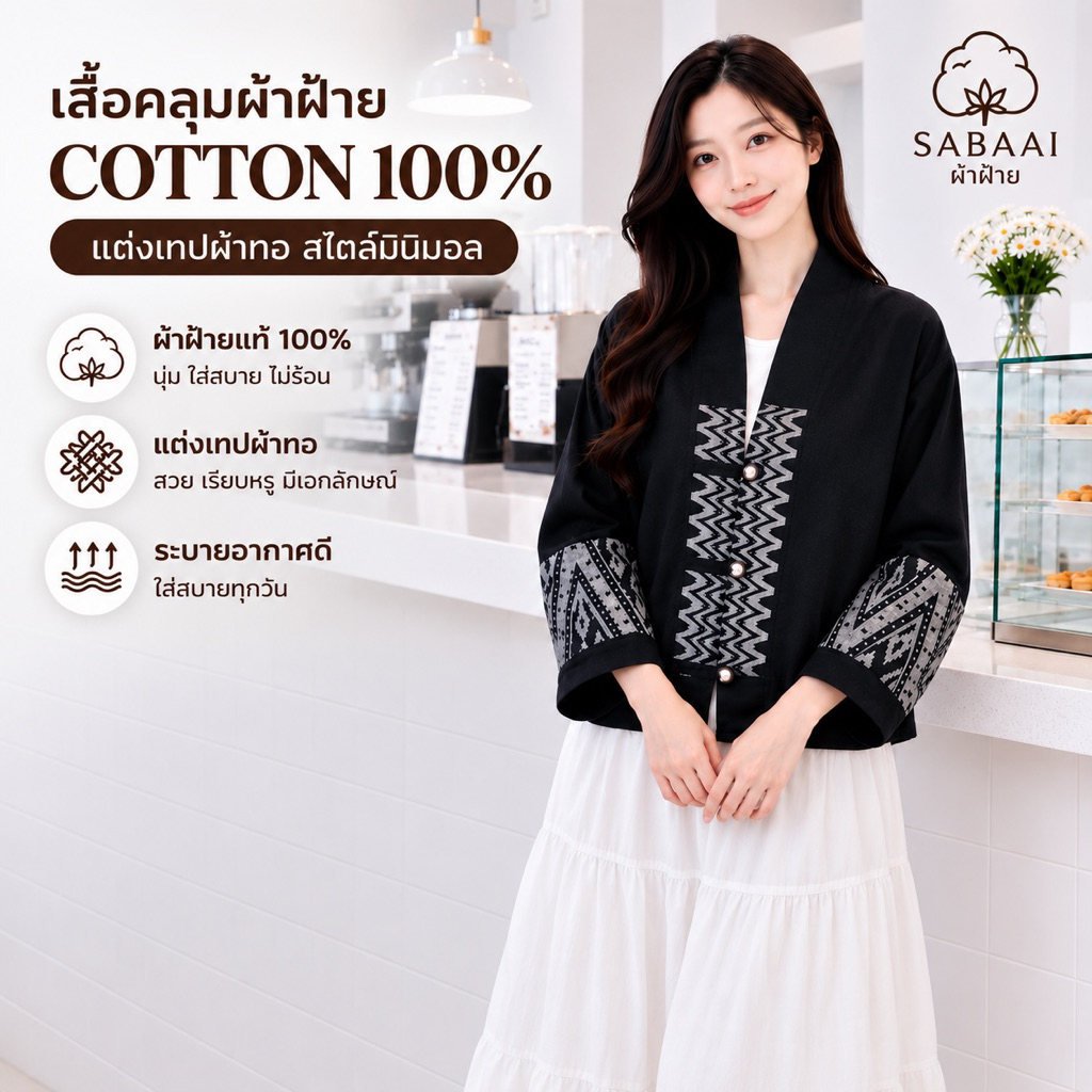 เสื้อคลุมผ้าฝ้ายโทนดำมินิมอล ผ้าฝ้ายใส่ทำงานและใส่เที่ยวได้