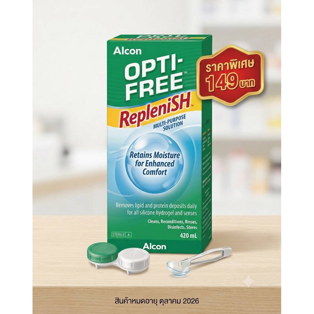 Opti-free Replenish 420มล น้ำยาล้าง ทำความสะอาดและแช่คอนแทคเลนส์ ขนาด 300 มล ให้ความชุ่มชื่นยาวนานตล