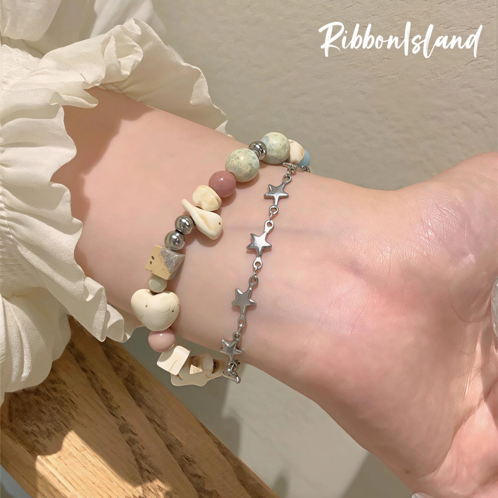 bracelet สร้อยข้อมือ ประดับลูกปัดเซรามิค ins สองชั้น ดาว สีครีม สไตล์ชนเผ่า ละเอียดอ่อน ปรับขนาด COD