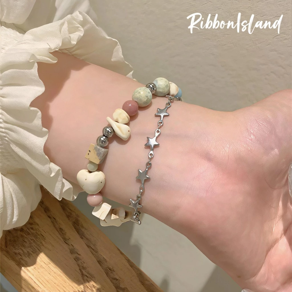 bracelet สร้อยข้อมือ ประดับลูกปัดเซรามิค ins สองชั้น ดาว สีครีม สไตล์ชนเผ่า ละเอียดอ่อน ปรับขนาด COD