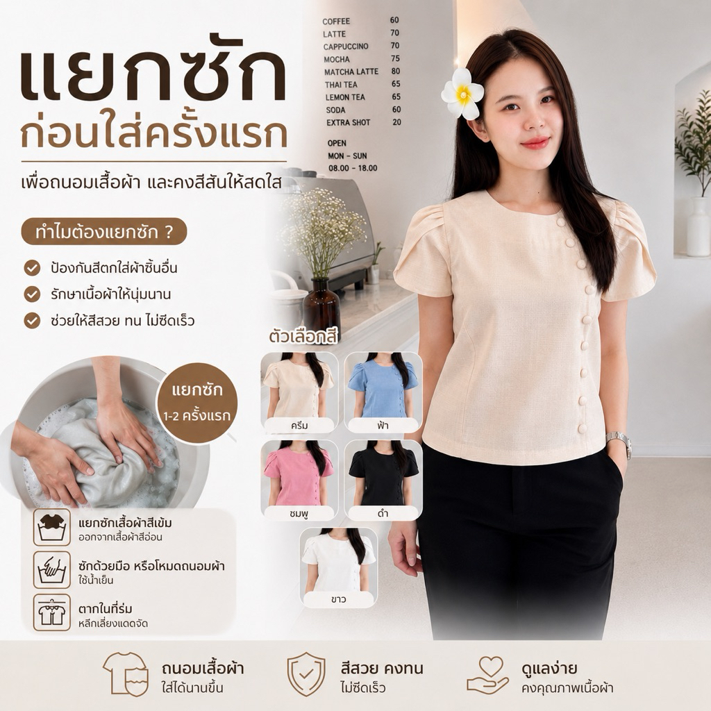เสื้อผ้าฝ้ายประยุกต์ลิซ่า คอกลมผ้าชินมัย แต่งกระดุมปั๊ม ซิปซ่อน ทรงสวมเข้ารูป
