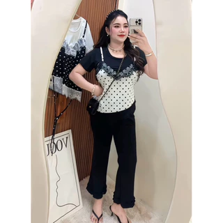 SETเสื้อจุดปลายลูกไม้+กางเกงขายาวน่ารัก🩵(จ9+ด4)#สาวอวบ