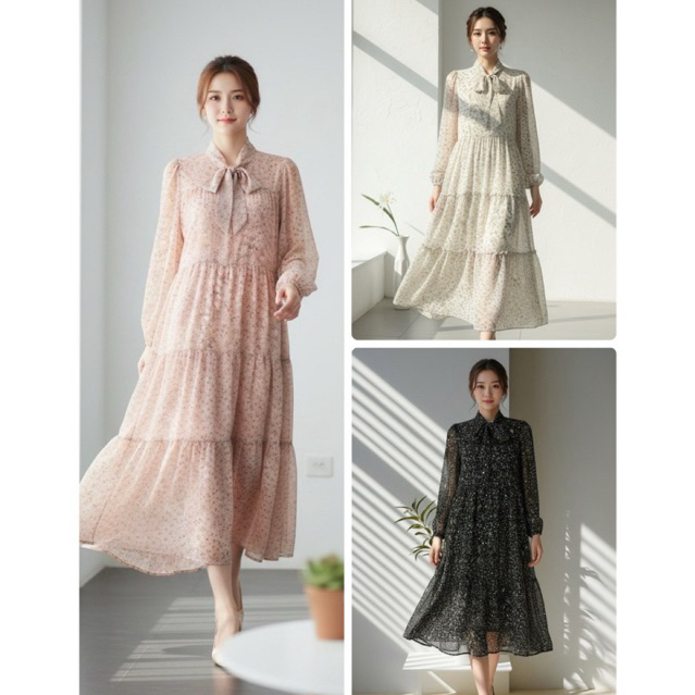 S347เดรสคอผูกโบว์แขนยาว ผ้าชีฟอง กระโปรงระบายสามชั้น คนท้องใส่ได้จนถึงคลอด