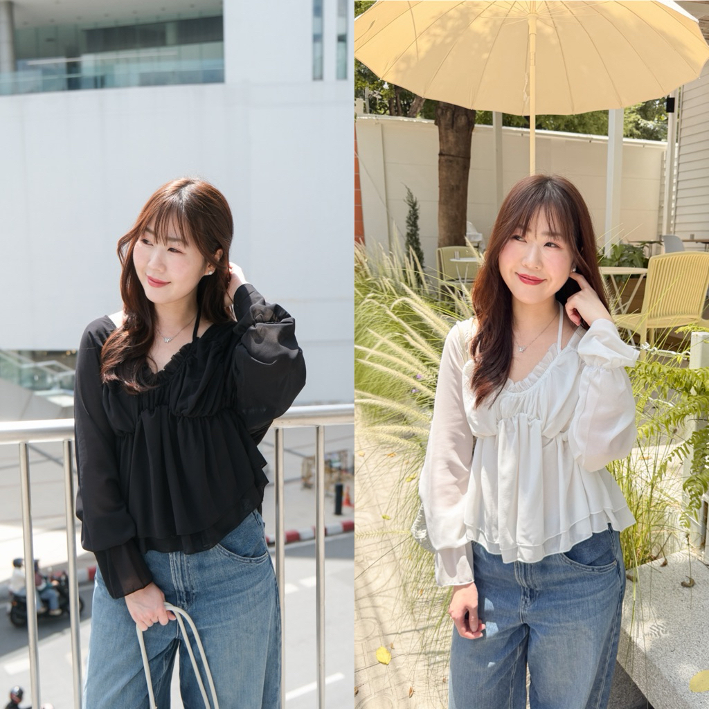 Cloud kiss blouse💋Chakiya.store❣️เสื้อคอวี มีคล้องคอผูกโบว์ แต่งระบาย