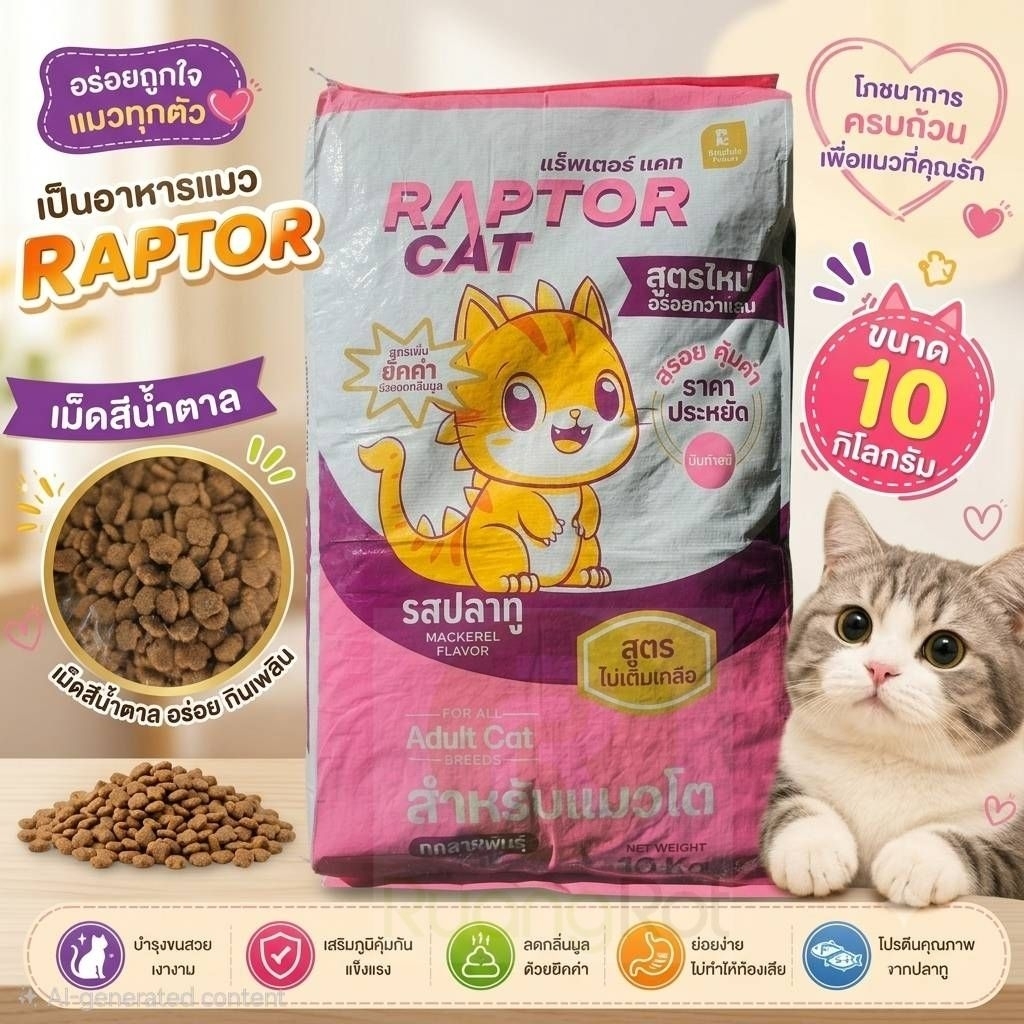 อาหารแมวแร็พเตอร์แคท Raptor Cat 10 กก. รสปลาทูเม็ดสีน้ำตาล