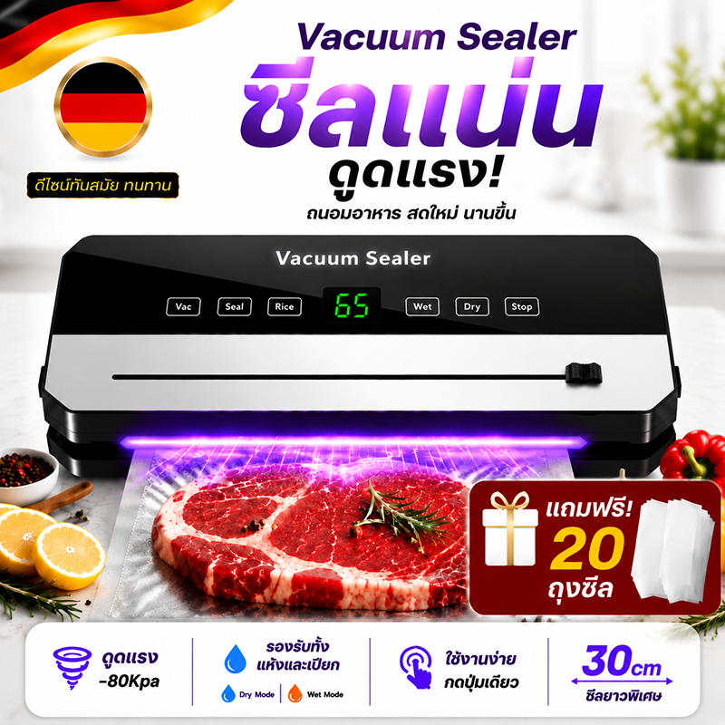 เครื่องซีลสูญญากาศ Vacuum Sealer เครื่องแพ็คอาหาร ดูดอากาศแรง ซีลความร้อนแน่น แถบซีลกว้าง ใช้งานง่าย รองรับอาหารแห้งและเ