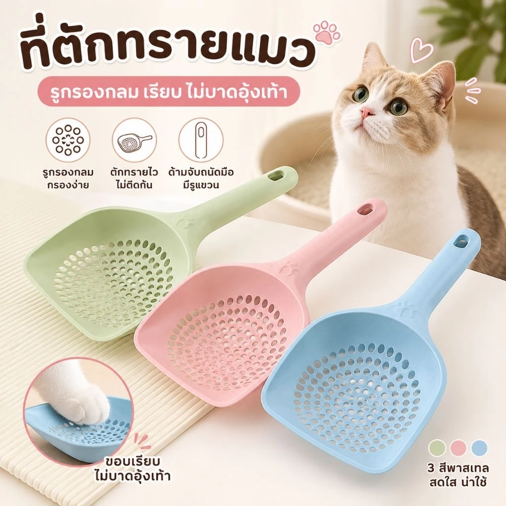 ที่ตักทรายแมวรูกลมเรียบ ที่ตักมูลสัตว์