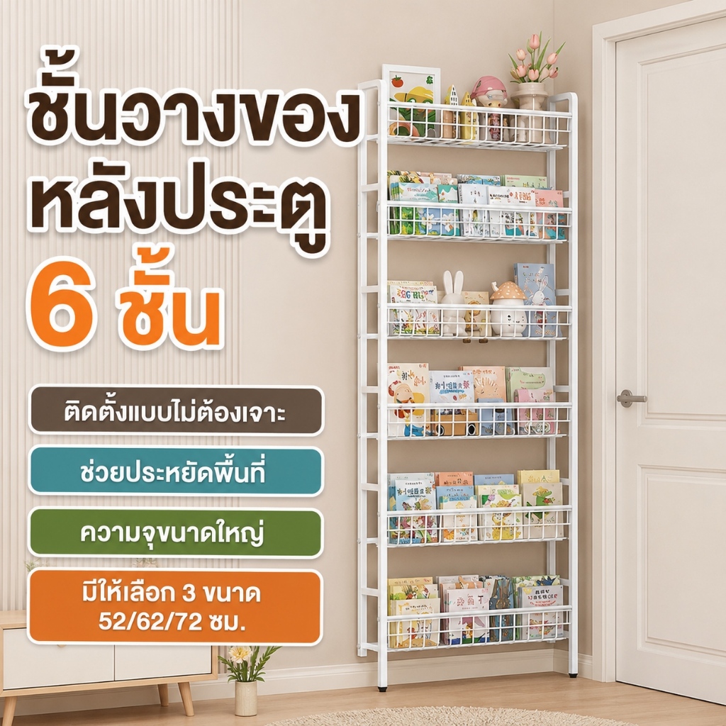 ชั้นวางของอเนกประสงค์หลังประตู โครงเหล็กกันสนิม 3 ขนาด 52/62/72 ซม. 6 ชั้น ไม่ต้องเจาะ ไม่กินพื้นที่ ใช้ได้หลายที่