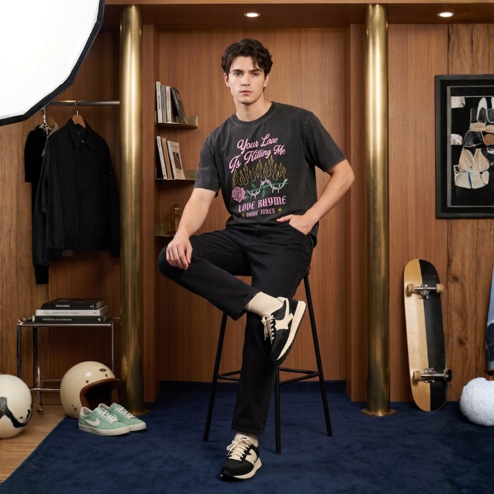 DAVIE JONES تيشيرت رجالي Slim Fit جرافيك — أسود مغسول — صورة 7