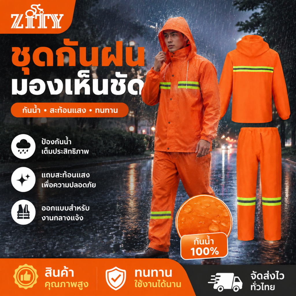 ชุดกันฝนกันน้ำ สะท้อนแสง เสื้อกันฝนสำหรับผู้ใหญ่  หมวกติดเสื้อ สำหรับงานก่อสร้าง ขนส่ง ขี่มอเตอร์ไซค์