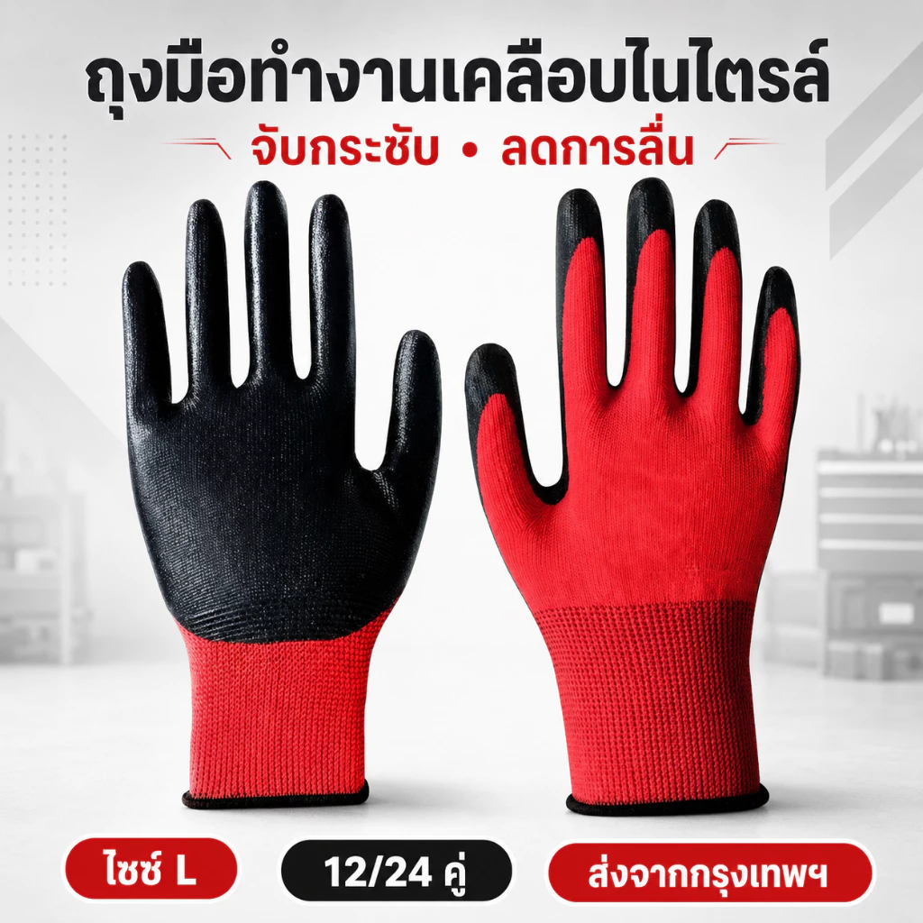 ถุงมือทำงานเคลือบยางไนไตรล์ 24 /12คู่ แพ็กใหญ่ กันลื่น ทนน้ำมัน สำหรับงานช่าง ทำสวน โรงงาน พร้อมส่ง