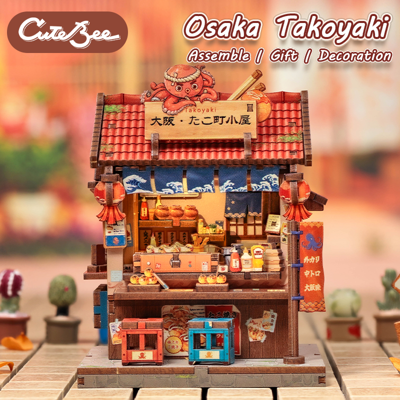 CUTEBEE Osaka Takoyaki ร้านทาโกยากิโอซาก้า โมเดลไม้ DIY ชุดประกอบบ้านจำลอง งานฝีมือตกแต่งบ้าน ของขวัญวันเกิด