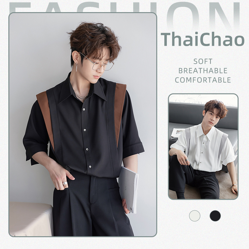 เสื้อเชิ้ตผู้ชาย ทรงสองชิ้นปลอม ไหล่ปกติ แขนสั้น ทรงหลวมลำลอง เบาสบาย ระบายอากาศ