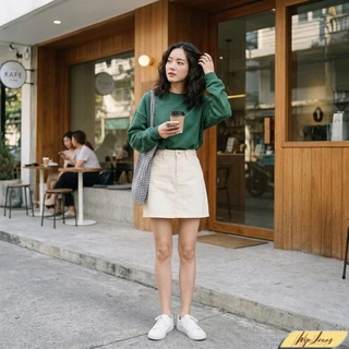 กระโปรงยีนส์สั้นเอวสูง ทรงเอสไตล์มินิมอล ใส่เที่ยวคาเฟ่ สุภาพเรียบหรู แมตช์ง่ายได้ทุกชุด K01
