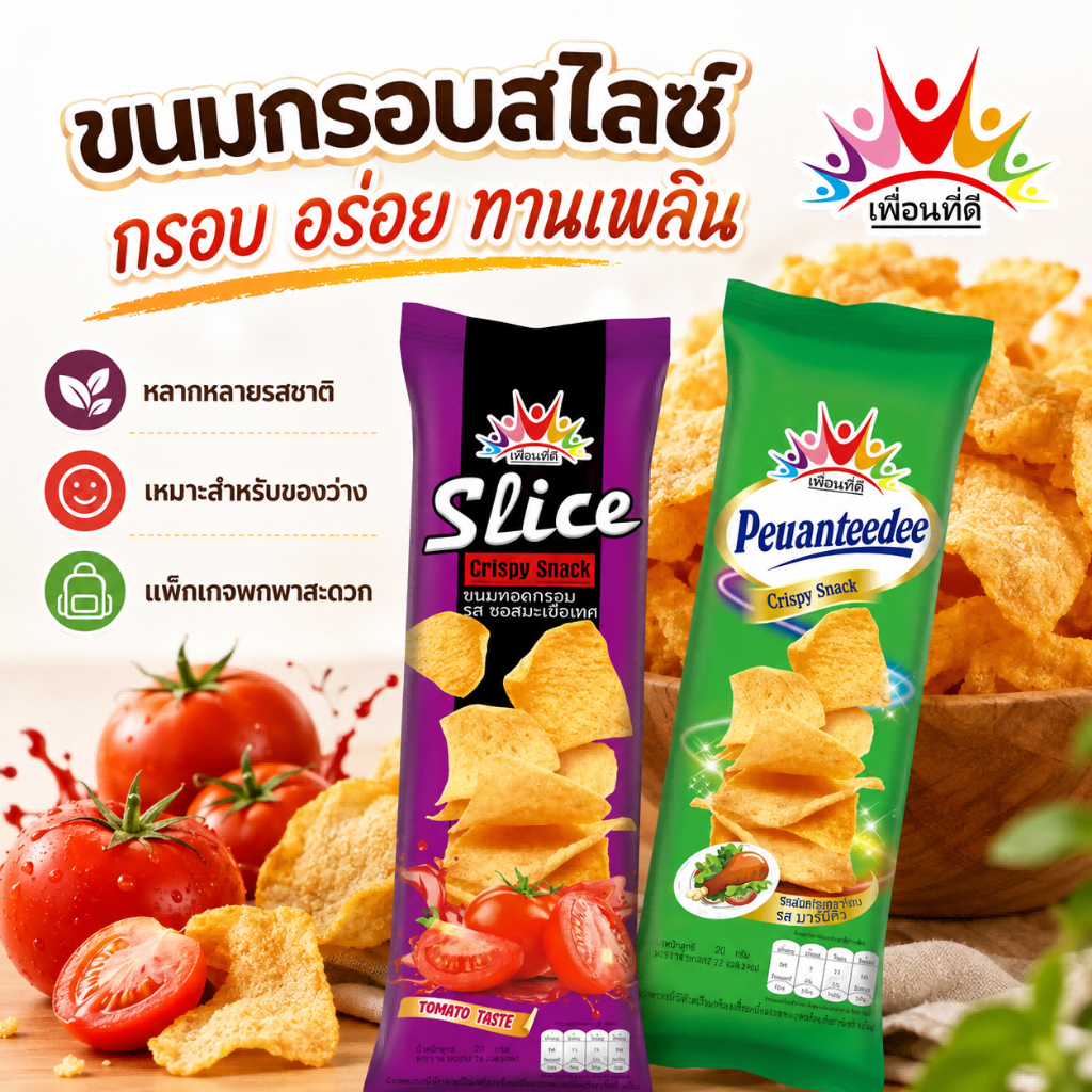 เพื่อนที่ดี ขนมกรอบสไลซ์ Crisps/Chips รสบาร์บีคิว มะเขือเทศ สาหร่าย 23g*12 ซอง ขนมกรอบอร่อย พกพาสะดวก