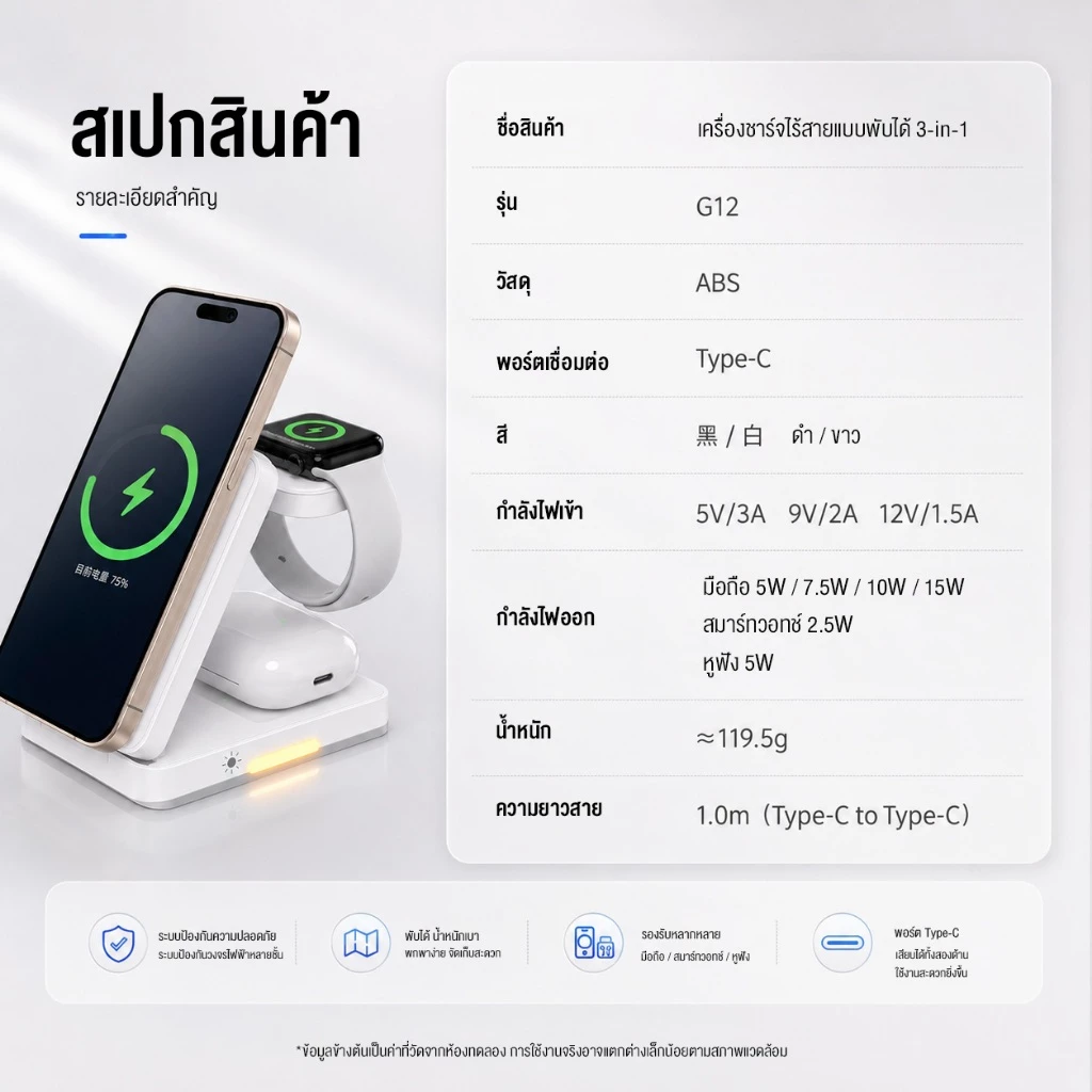 NEODIGI G12 แท่นชาร์จไร้สายแม่เหล็กแบบพับได้ 3-in-1 15W สำหรับ สมาร์ทโฟน หูฟังไร้สาย รองรับ iOS แท่นชาร์จหูฟัง thumbnail 10