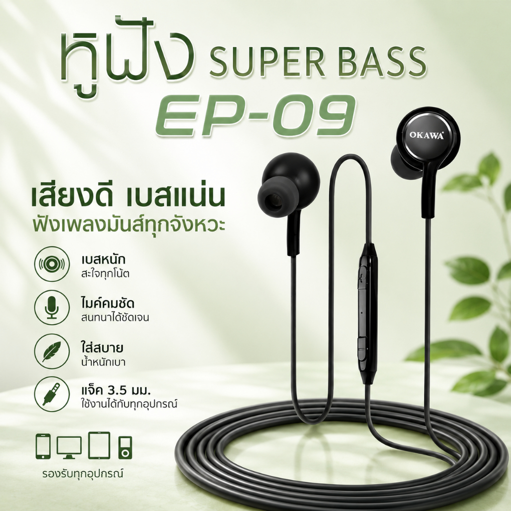 Okawa EP-09 หูฟังสมาร์ทโฟน Super Bass สีดำ ขวัญใจมหาชน