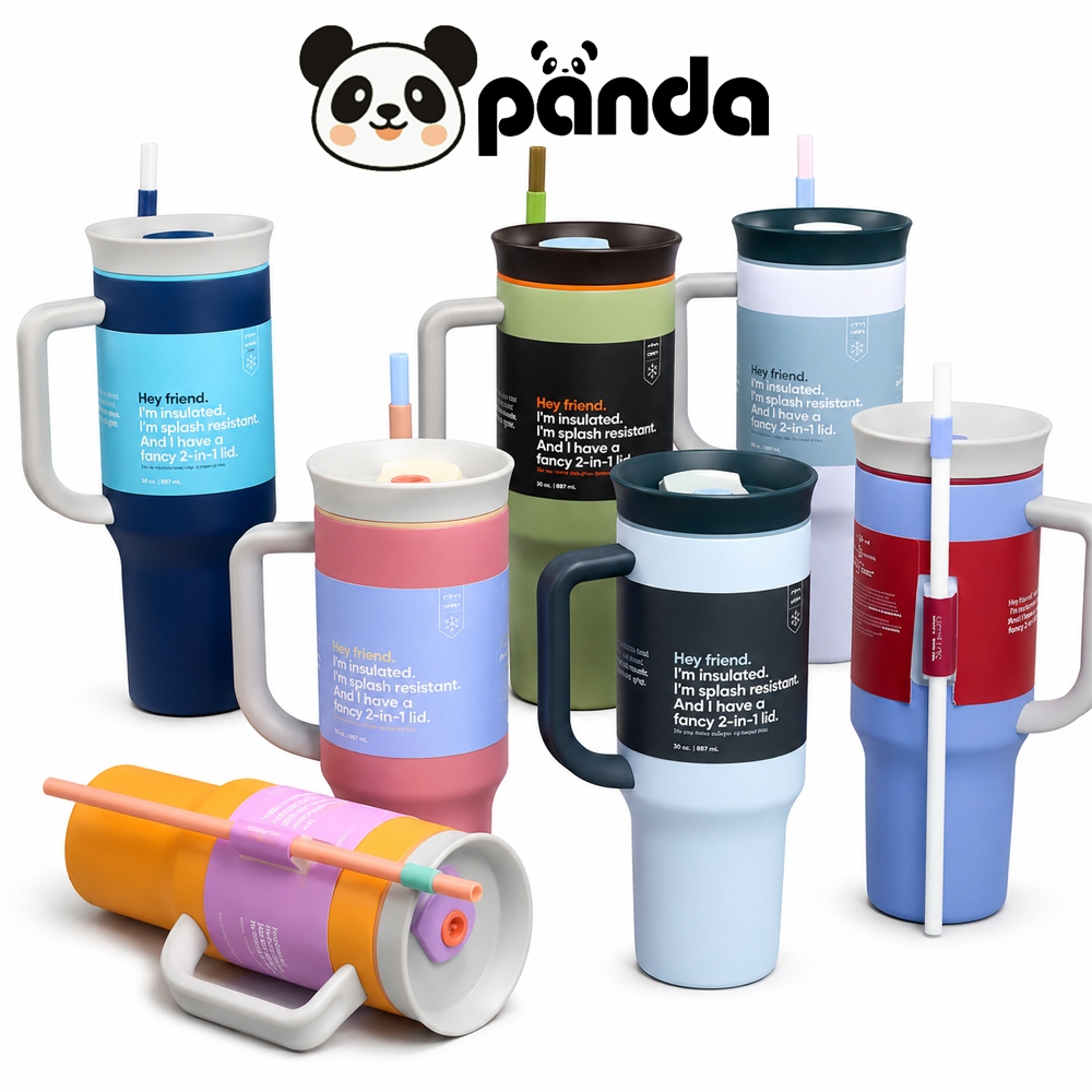 PANDA แก้วเก็บความเย็น1200ML ดีไซน์ใหม่ เรียบง่าย ความจุขนาดใหญ่ เก็บความร้อนและความเย็นได้ดี พร้อมหูหิ้ว มีหลอดดูด