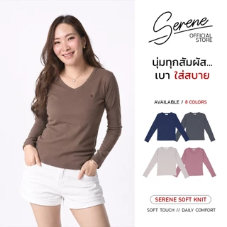 Serene's Choice เสื้อคอวี แขนยาว ผู้หญิง เสื้อยืดเข้ารูป ปักซีรีน สไตล์คลาสสิก นุ่มใส่สบาย ทรงสวย