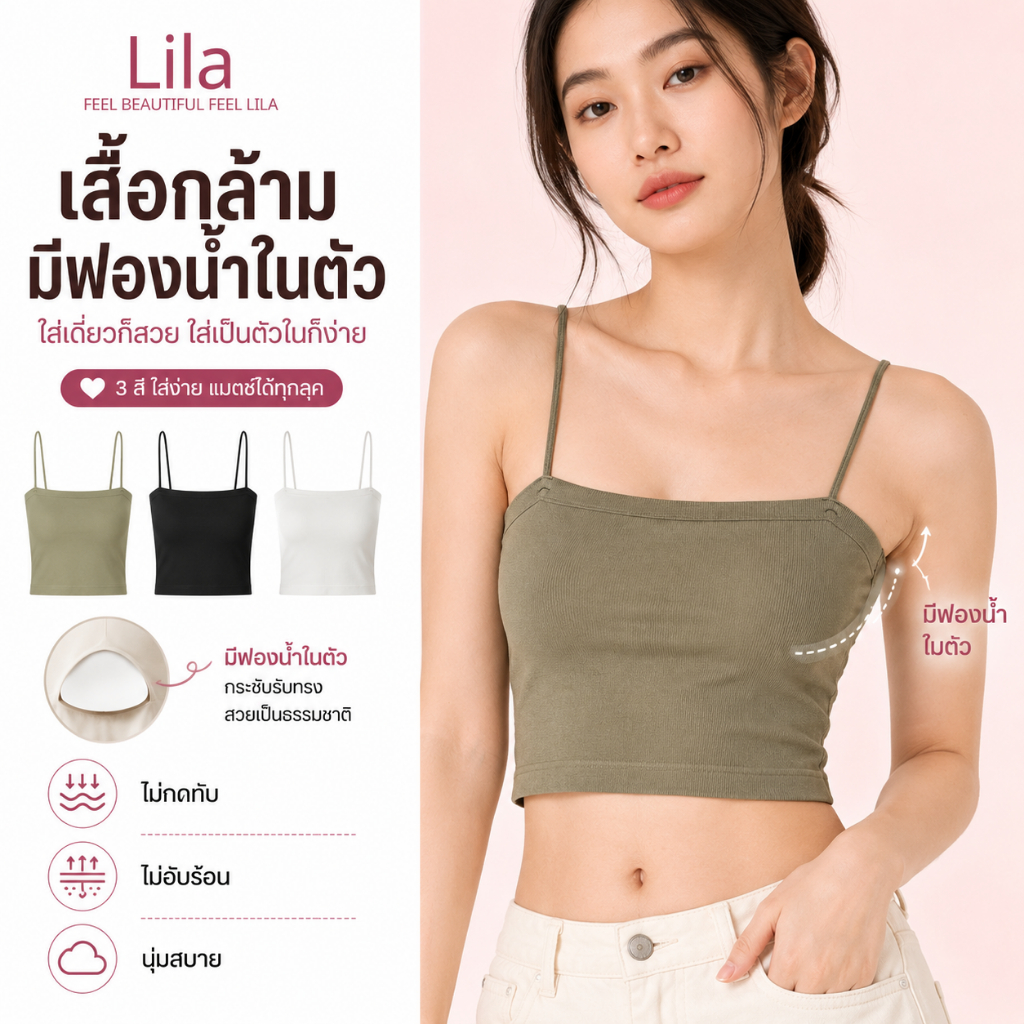 Lila เสื้อกล้ามมีฟองน้ำในตัว ผู้หญิง สายเดี่ยวครอป บราในตัว ใส่เดี่ยวได้ ไม่ต้องใส่ซ้อน ไม่กดทับ ไม่อับร้อน นุ่มสบาย