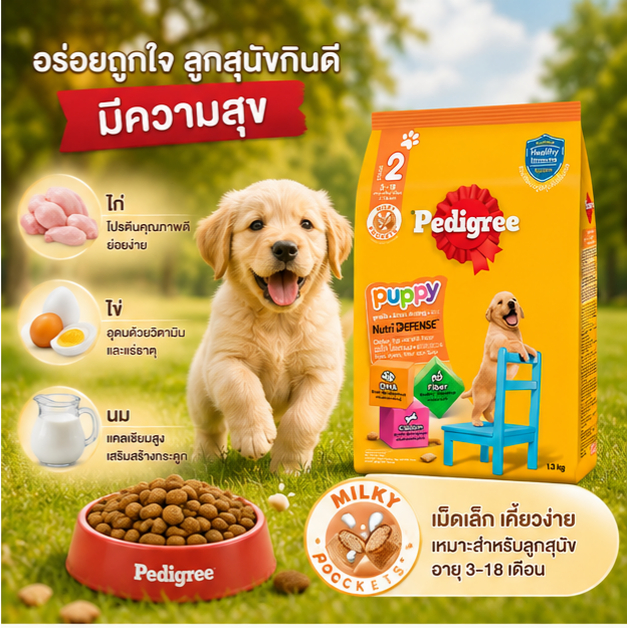 เพดดิกรี อาหารลูกสุนัขชนิดเม็ด รสไก่ไข่และนม Pedigree Puppy  1.3 kg