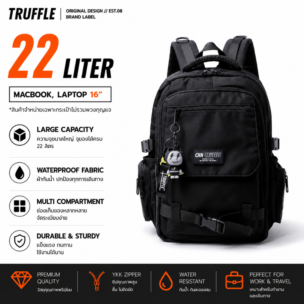 Truffle Backpack V.3 2024 ขนาด 47 cm. (Black) กระเป๋าสำหรับ Macbook Pro 14-16", Macbook Air 13-15"