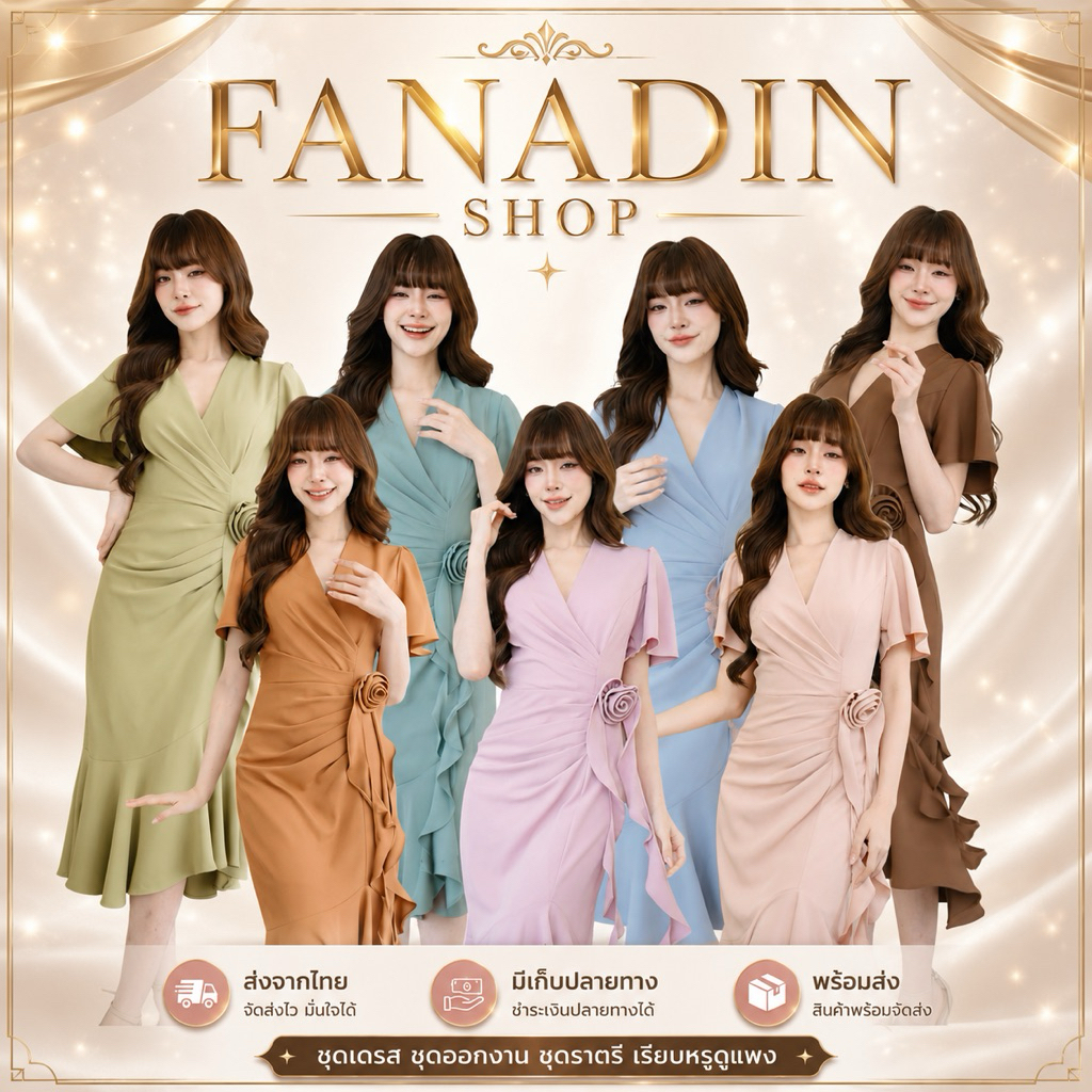 ชุดเดรส ชุดออกงาน ชุดราตรี FP077 เดรสคอวีป้าย จีบเอว มีดอกไม้ 1 ดอก