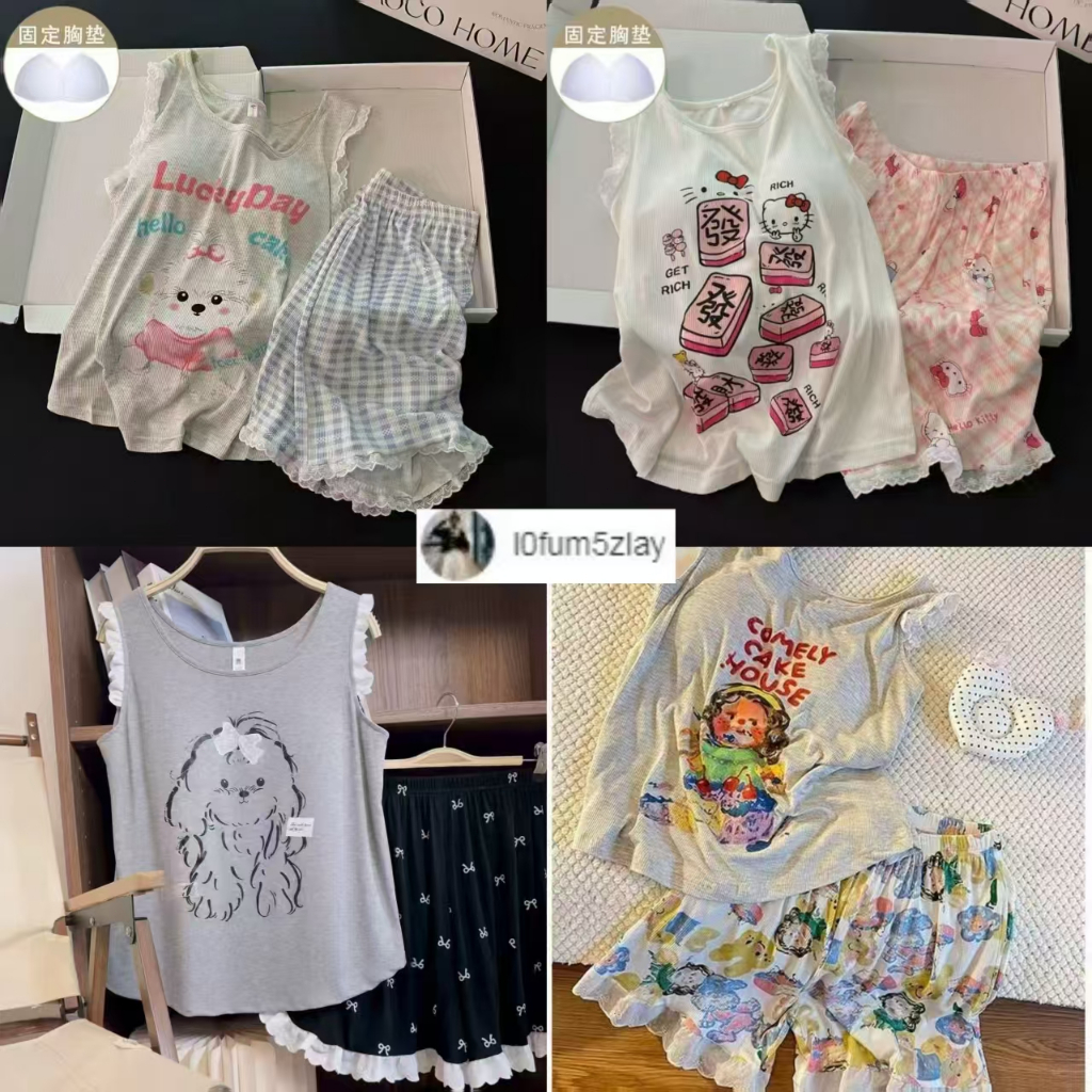 (ราคาถูกที่สุด) ชุดนอนผู้หญิง, พร้อมแผ่นรองหน้าอก, ลายการ์ตูน, ขาสั้น+เสื้อกล้าม,M-2XL