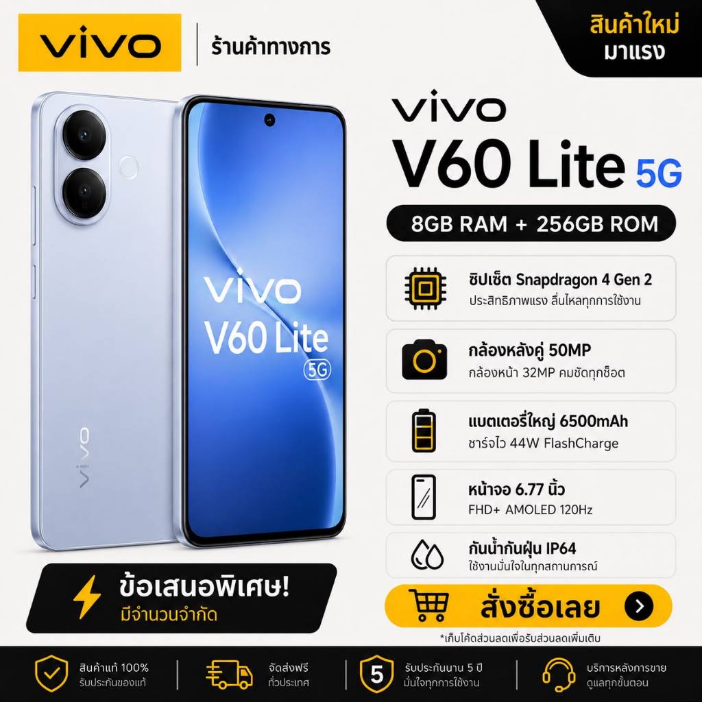 vivo V60 Lite 5G 8GB+256GB | แบต 6500mAh | กล้อง AI 50MP | ชาร์จไว | เครื่องใหม่แท้