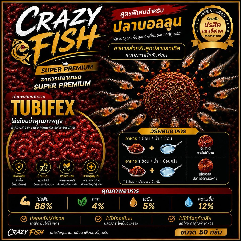 [ใหม่] crazyfish tubifex อาหารอนุบาลลูกปลาบอลลูนแรกเกิดแบบปั้นก้อน โปรตีน88% [สูตรไส้เดือนน้ำปั้นก้อน]
