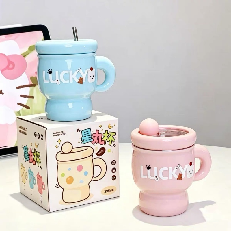 แก้วเก็บความร้อน-เย็น 304สแตนเลสพร้อมหลอด 395ML พร้อมหูจับ ของน่ารักมาก