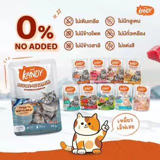 ยกโหล (*12) Kandy อาหารเปียกแมว Holistic Grain Free ทูน่าเนื้อขาว ไม่เติมเกลือ (ขนาด 70g*12ซอง)